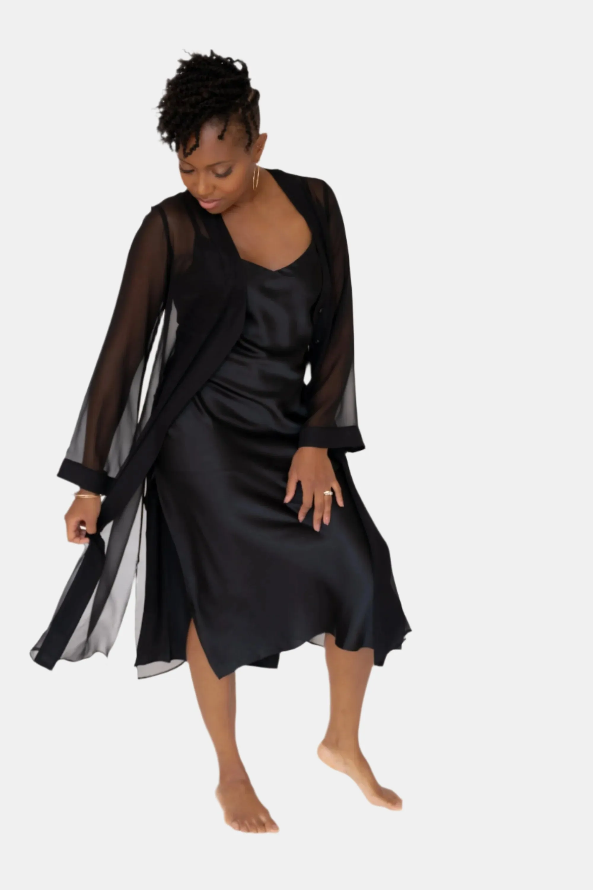 DONNA SILK CHIFFON NIGHTDRESS & LOLA SILK CHEMISE SET IN NOIRE