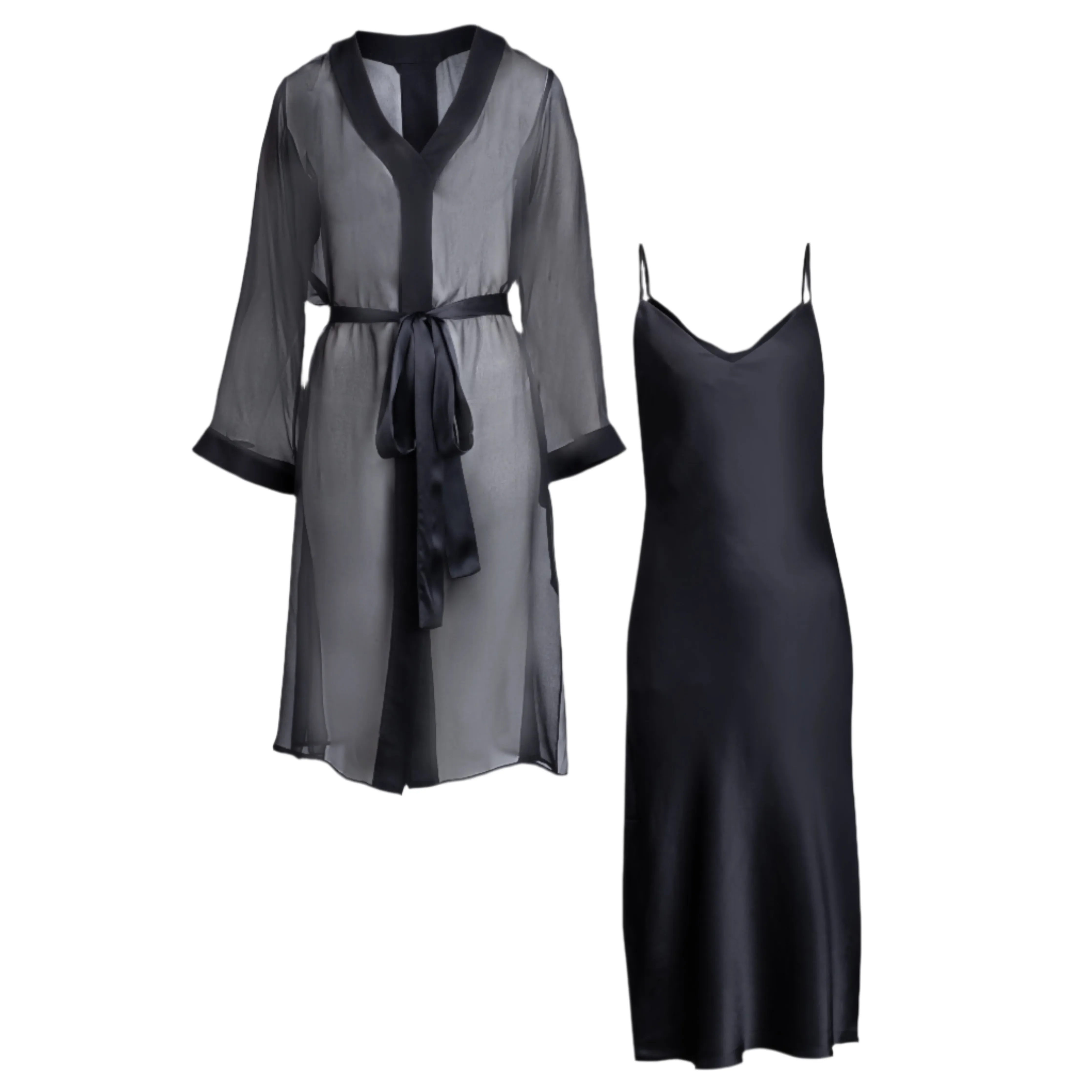 DONNA SILK CHIFFON NIGHTDRESS & LOLA SILK CHEMISE SET IN NOIRE