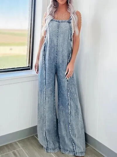Exposed Seam Washed Wide Leg Denim Overalls