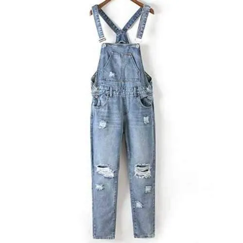 Fashion Bleach Wash Ripped Women's Denim Overalls - Blue M