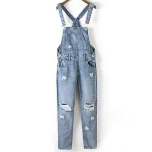 Fashion Bleach Wash Ripped Women's Denim Overalls - Blue M