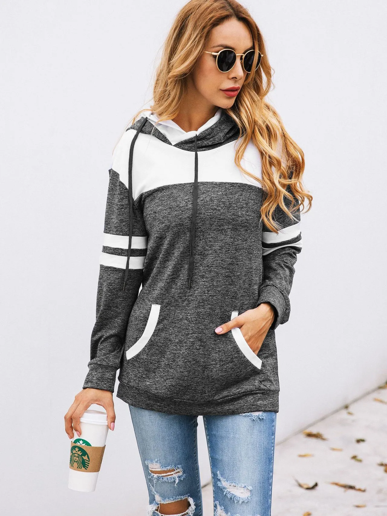 Fashion Stitching Pocket Hoodie Blouse Sweater