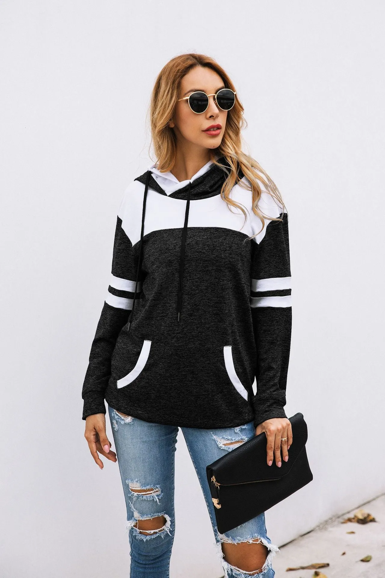 Fashion Stitching Pocket Hoodie Blouse Sweater