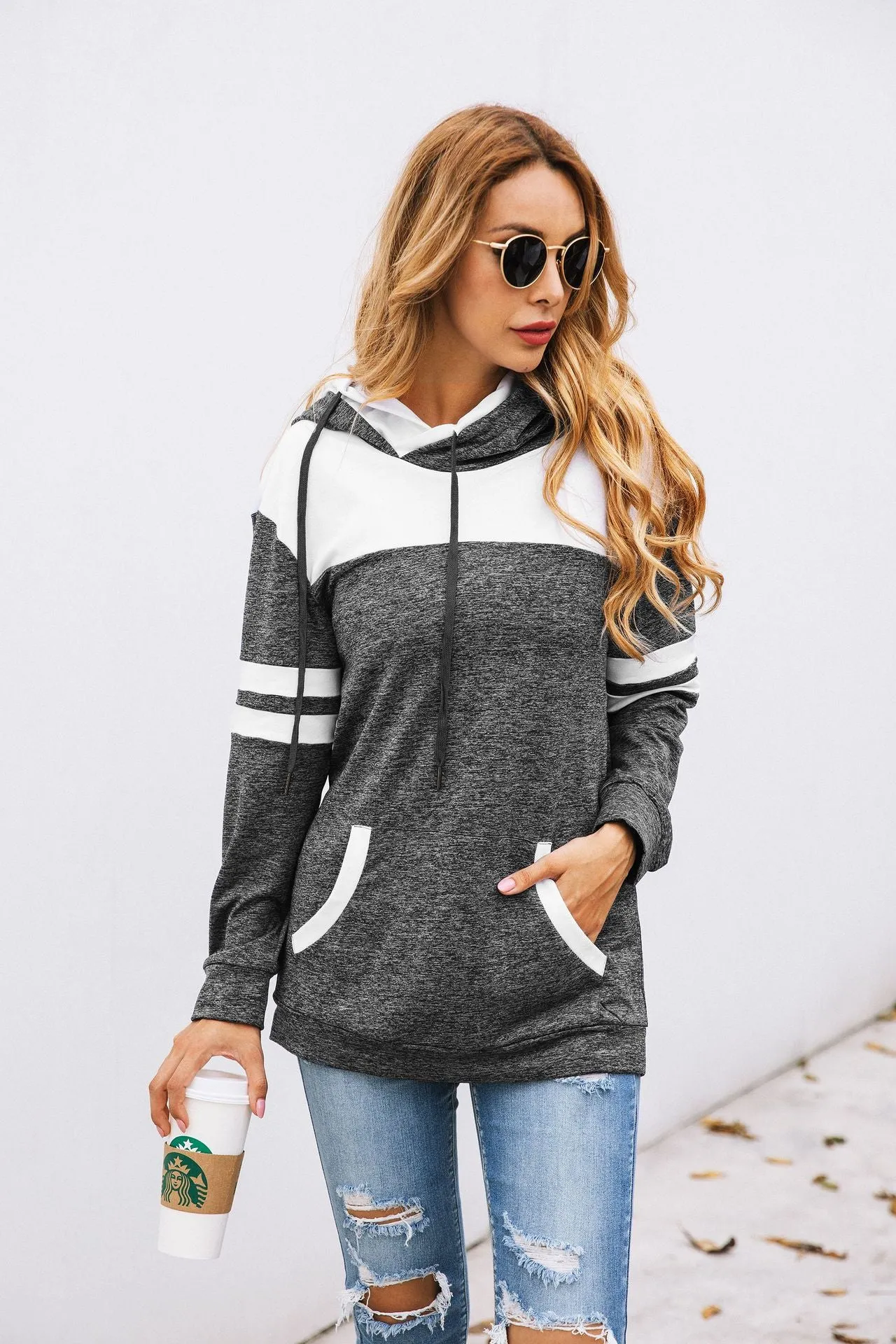 Fashion Stitching Pocket Hoodie Blouse Sweater