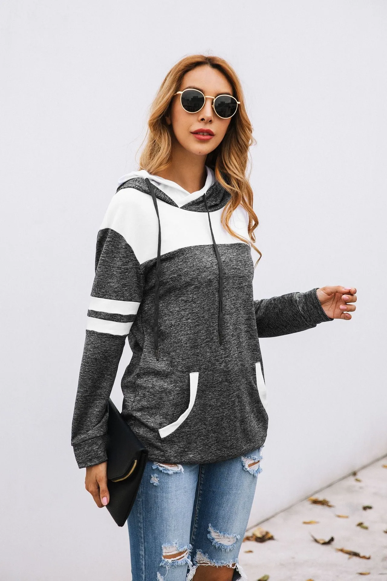 Fashion Stitching Pocket Hoodie Blouse Sweater
