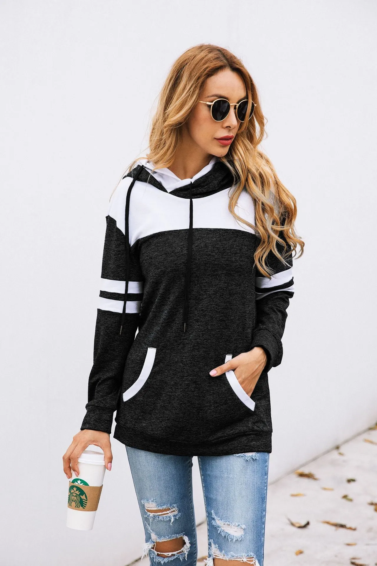 Fashion Stitching Pocket Hoodie Blouse Sweater