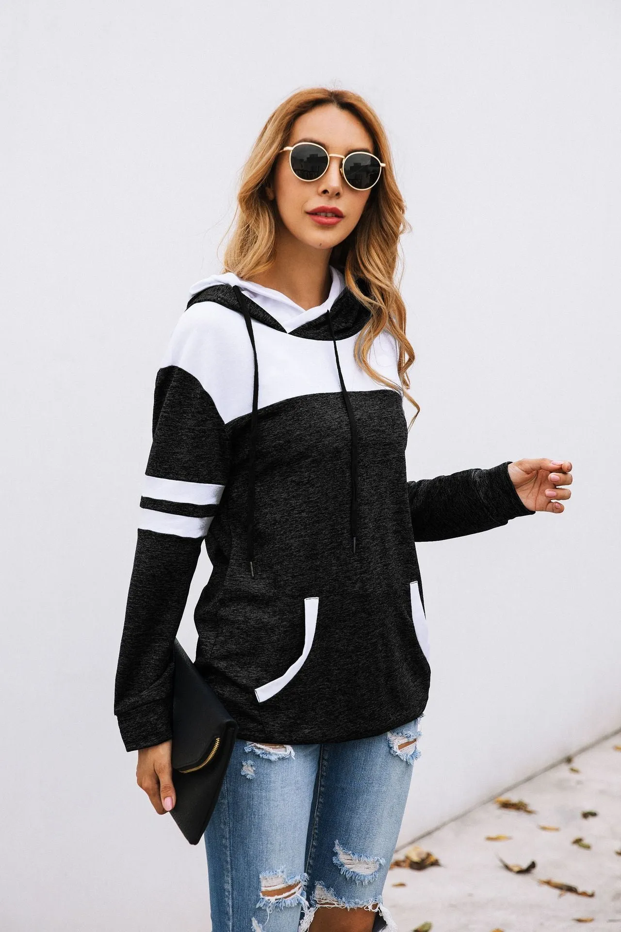 Fashion Stitching Pocket Hoodie Blouse Sweater