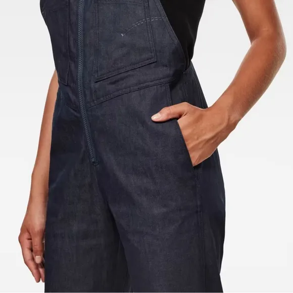 G STAR RAW Lintell Denim Overall Rigid Cotton Straight Leg Zip Front Dark Wash S
