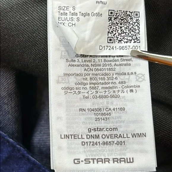 G STAR RAW Lintell Denim Overall Rigid Cotton Straight Leg Zip Front Dark Wash S