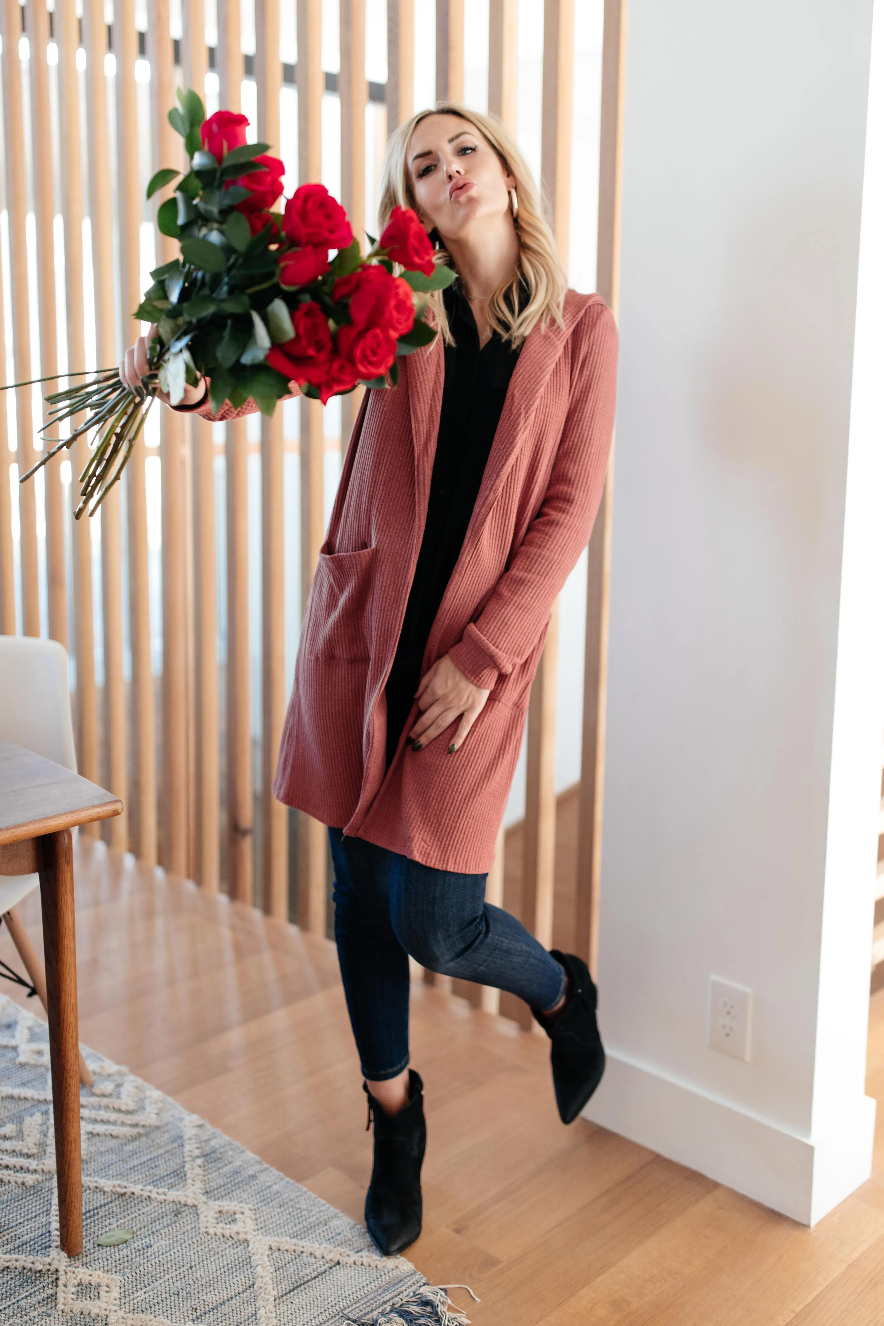 Hooded and Laced Cardigan in Blush