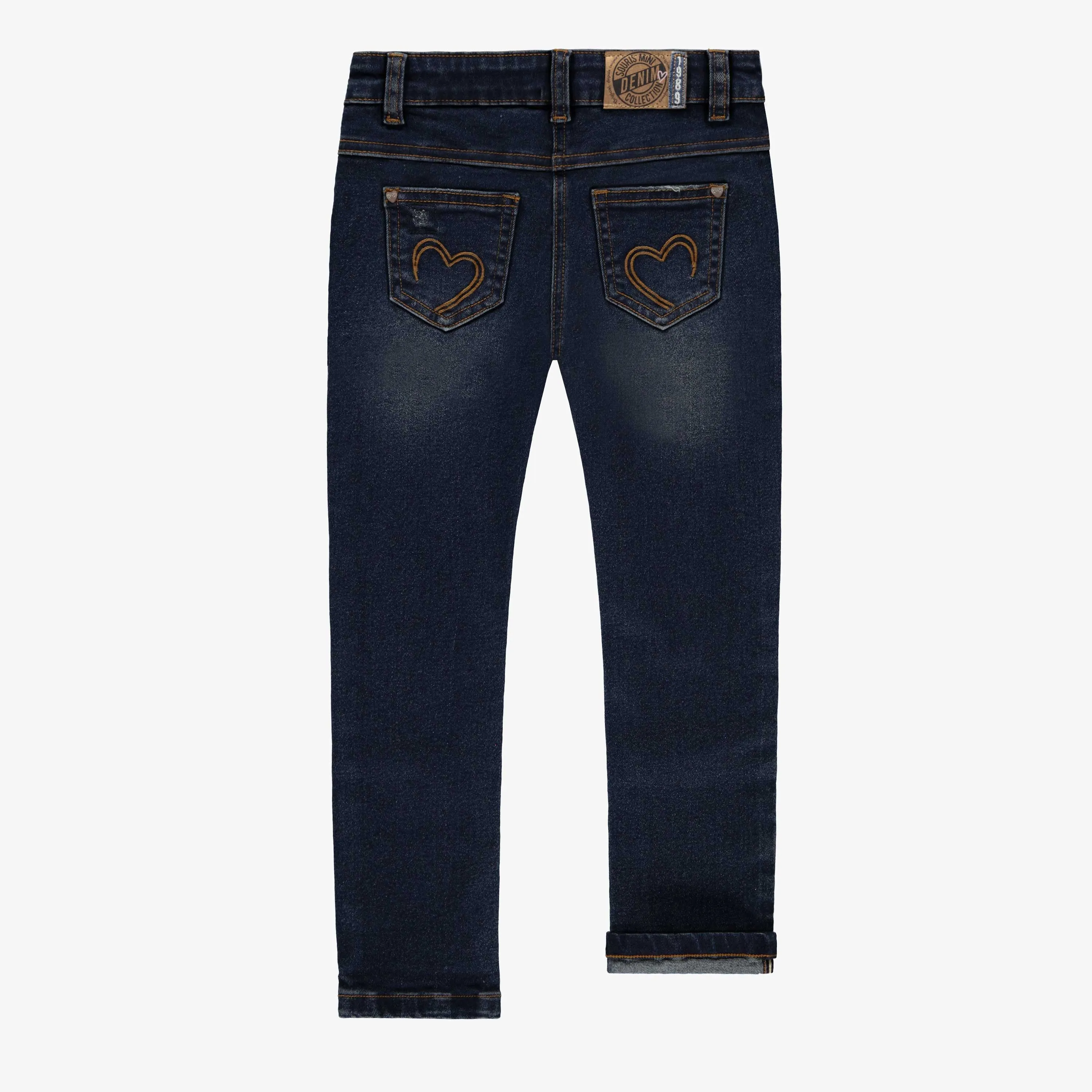 Jean bleu foncé avec coutures apparentes, enfant || Dark blue jeans with visible seams, child