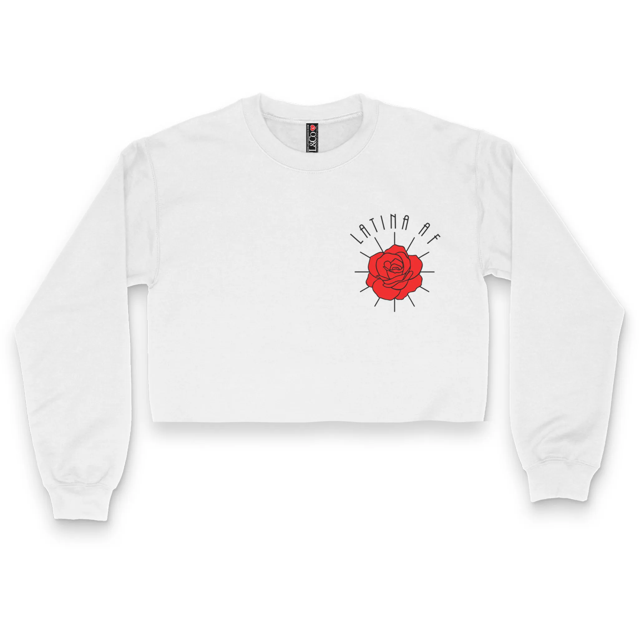 'LATINA AF' Rose Crop Top Crewneck - White - Premium Brushed Fleece