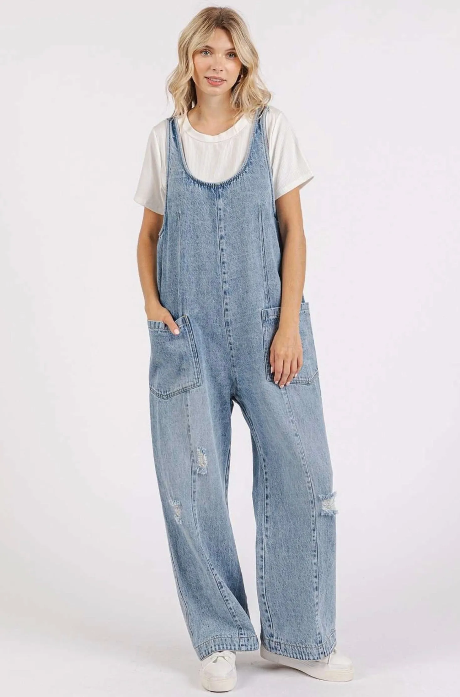 Leila Distressed Denim Overalls