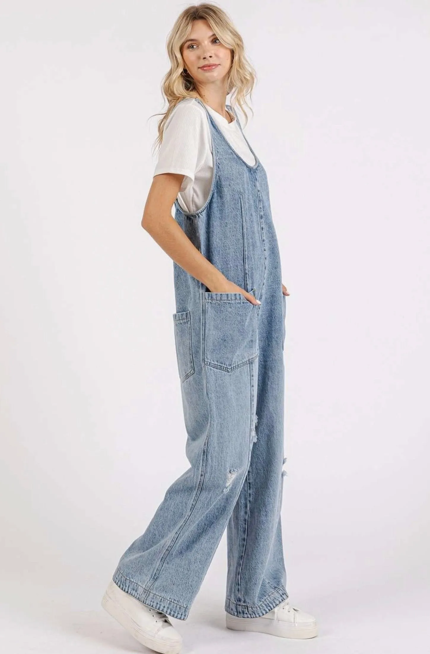 Leila Distressed Denim Overalls