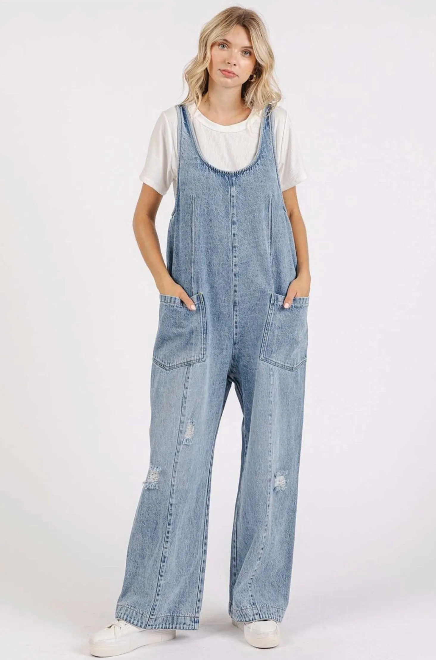 Leila Distressed Denim Overalls