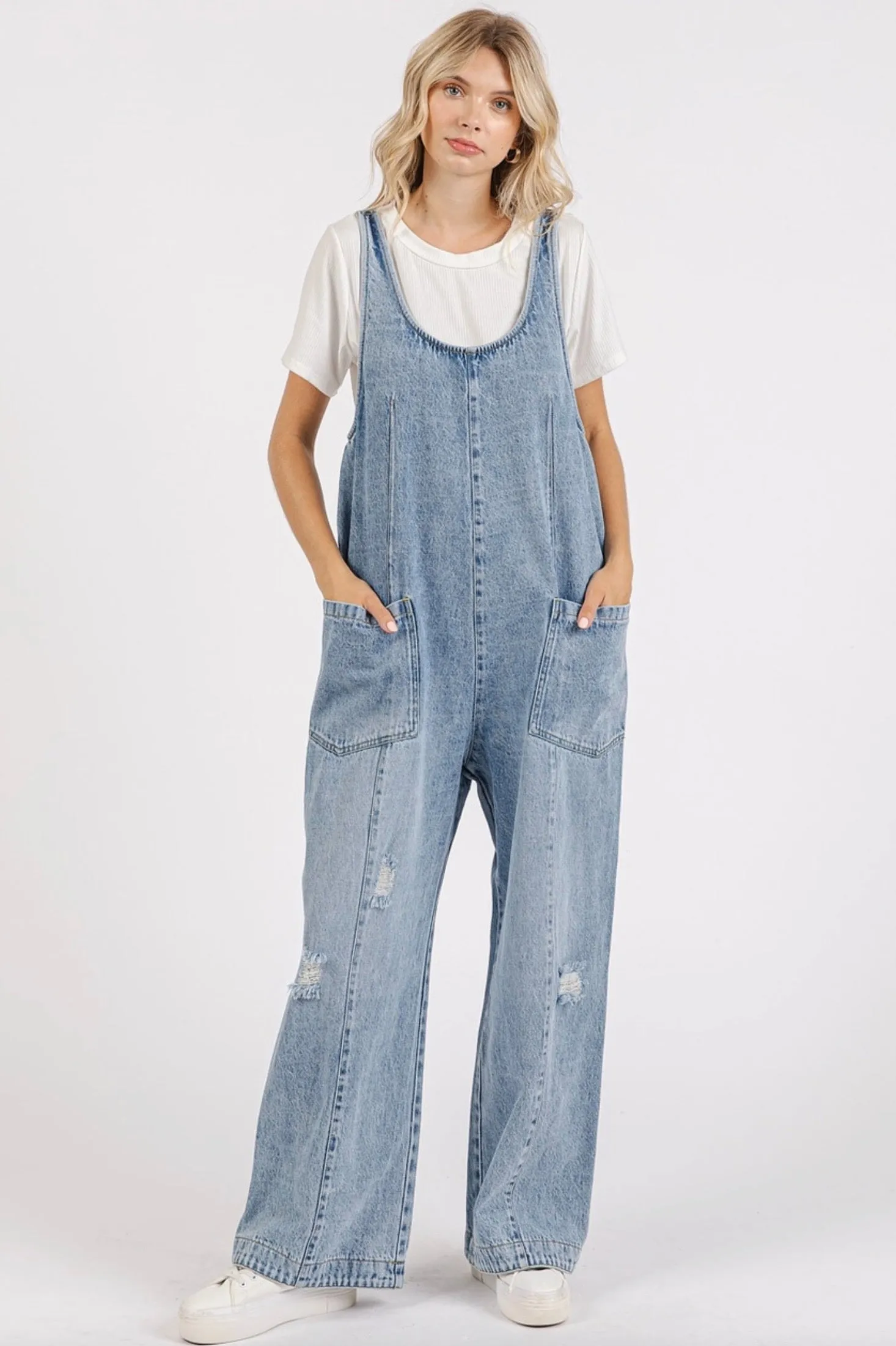 Leila Distressed Denim Overalls