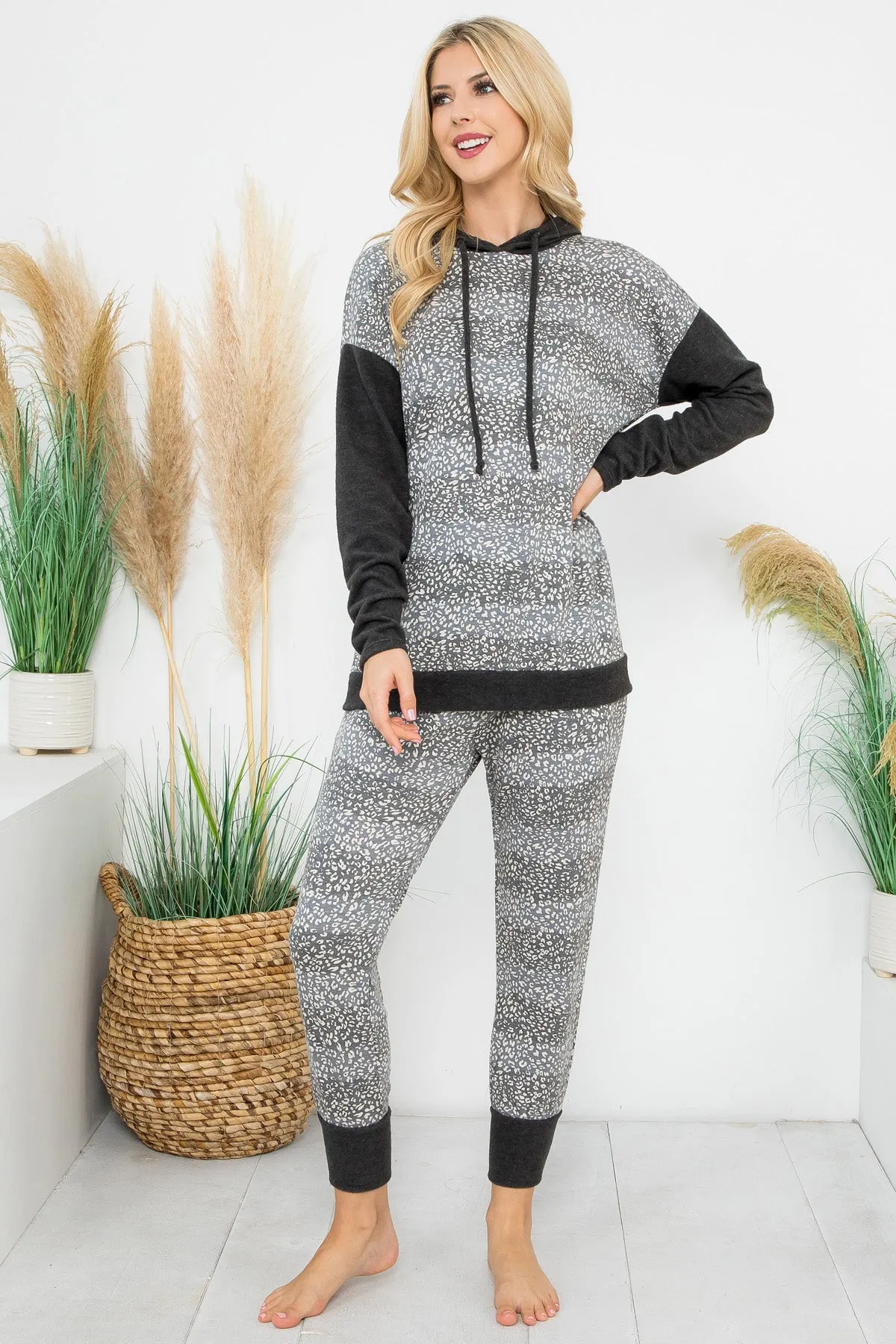 Leopard Stripe Long Sleeve Hoodie Top & Jogger Set