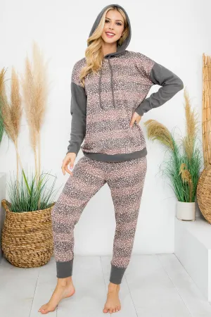 Leopard Stripe Long Sleeve Hoodie Top & Jogger Set
