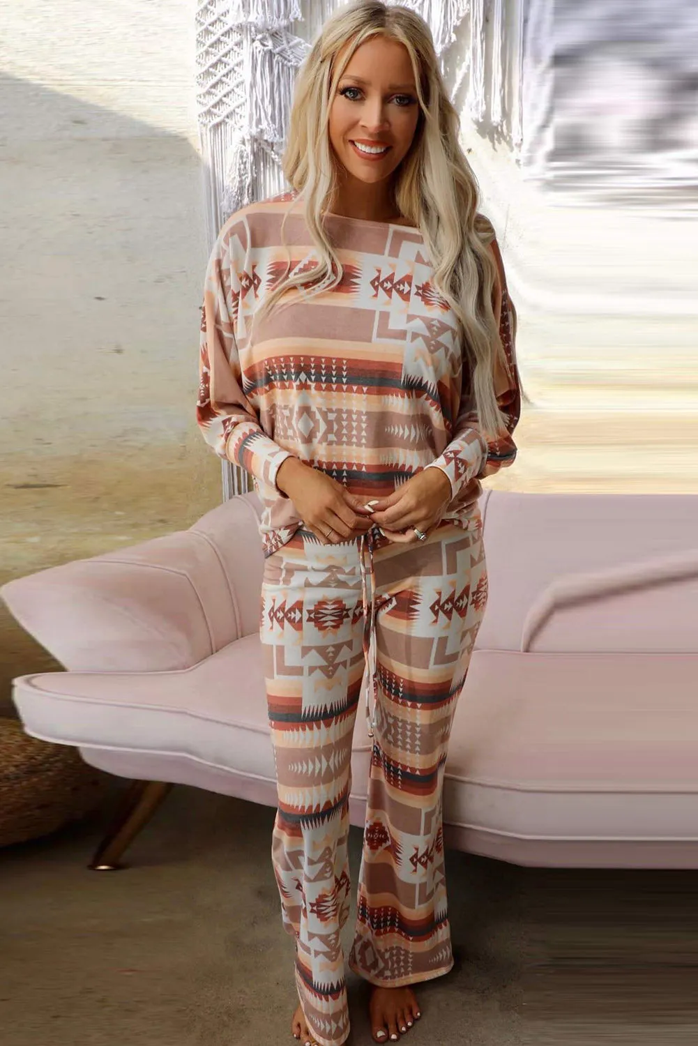 Multicolour Aztec Print Long Sleeve Top Pants Lounge Outfit