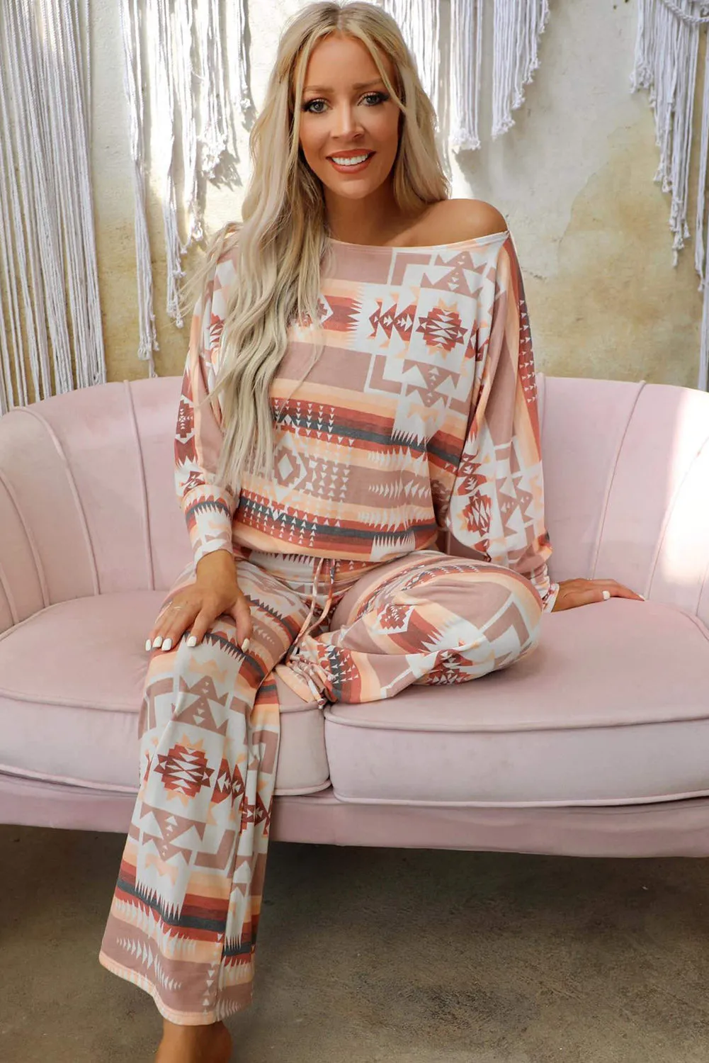 Multicolour Aztec Print Long Sleeve Top Pants Lounge Outfit
