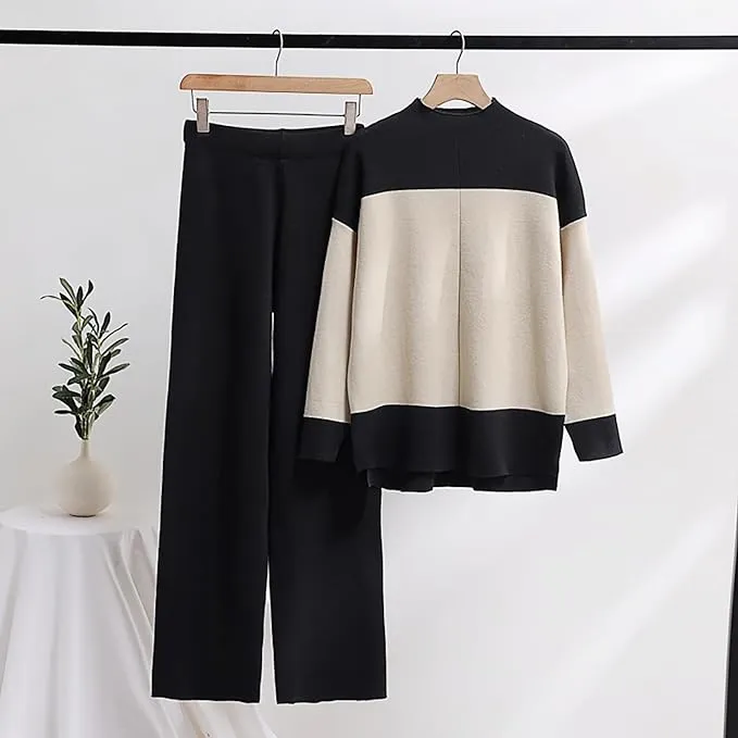 NEW Women 2 Piece Outfits Sweater Sets Knit Lounge Set Fashion Stripes Turtleneck Pullover Tops and Wide Leg Pant Set - Color: Black/off white - Size XXL Fits True