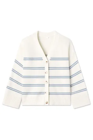 Nora Cotton Cardigan in Ivory Dusty Blue Stripe