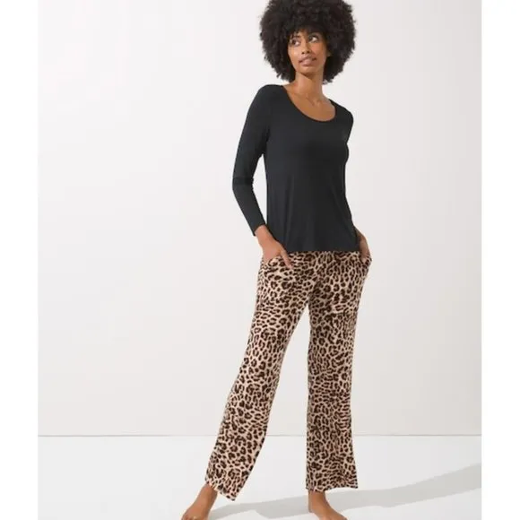 NWT Soma COOL NIGHTS leopard/Black Long Sleeve Pajama Set L Short
