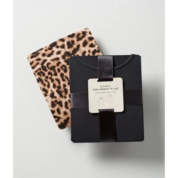 NWT Soma COOL NIGHTS leopard/Black Long Sleeve Pajama Set L Short
