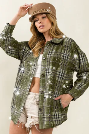Olive Multi Allover Clear Sequin Vintage Plaid Bibi Jacket 11/20/24 9319