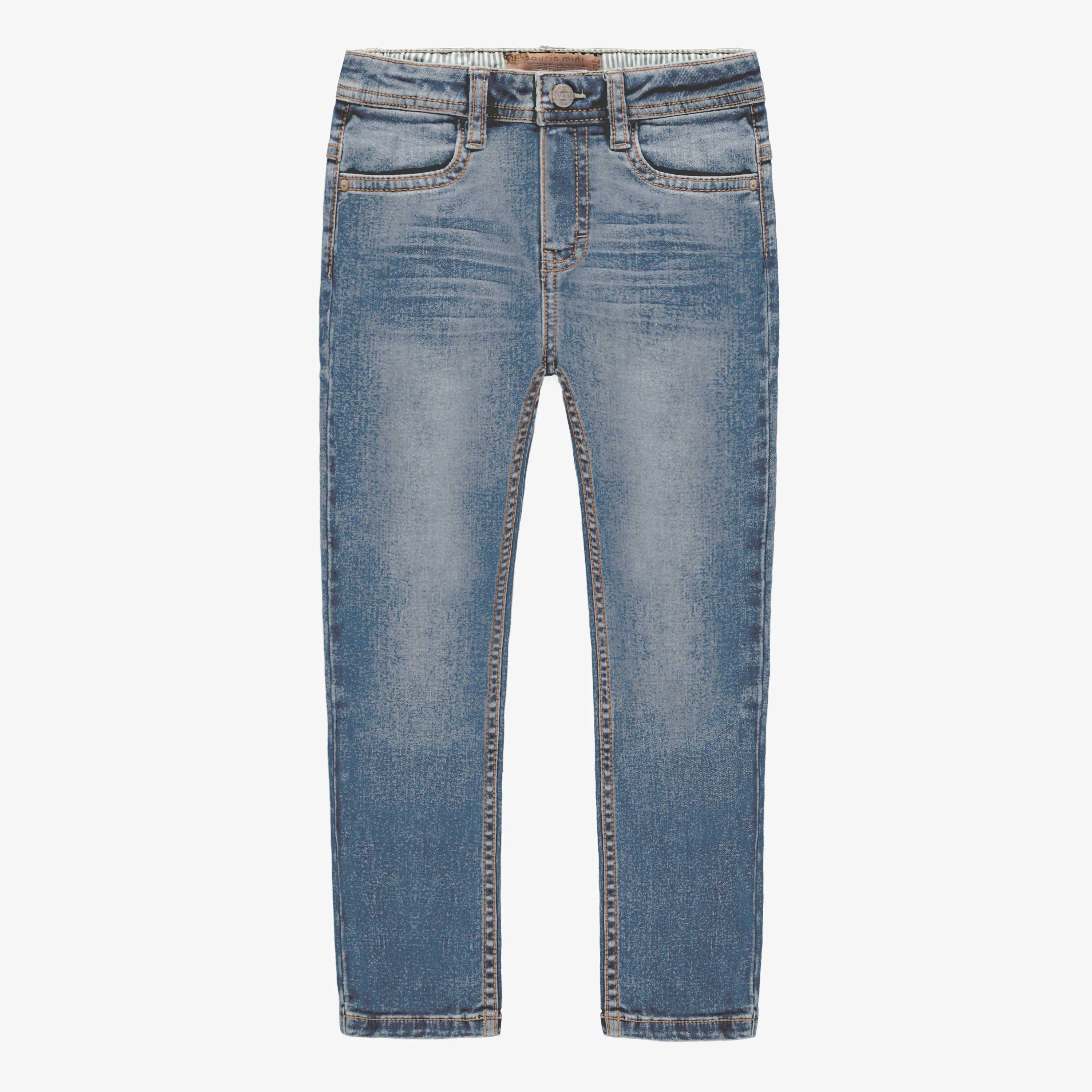 Pantalon coupe ajustée en denim léger extensible, bleu moyen, enfant || Slim fit pants in medium stretch denim, child