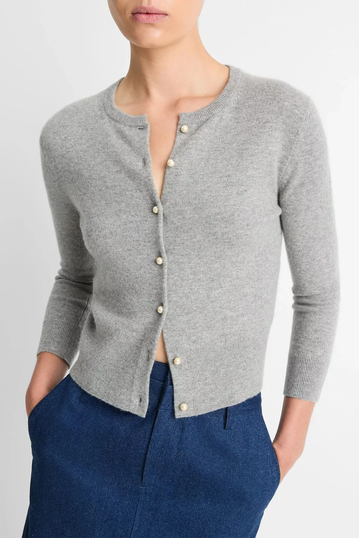 Pearl-Button Wool-Blend Cardigan in Heather Mid Grey