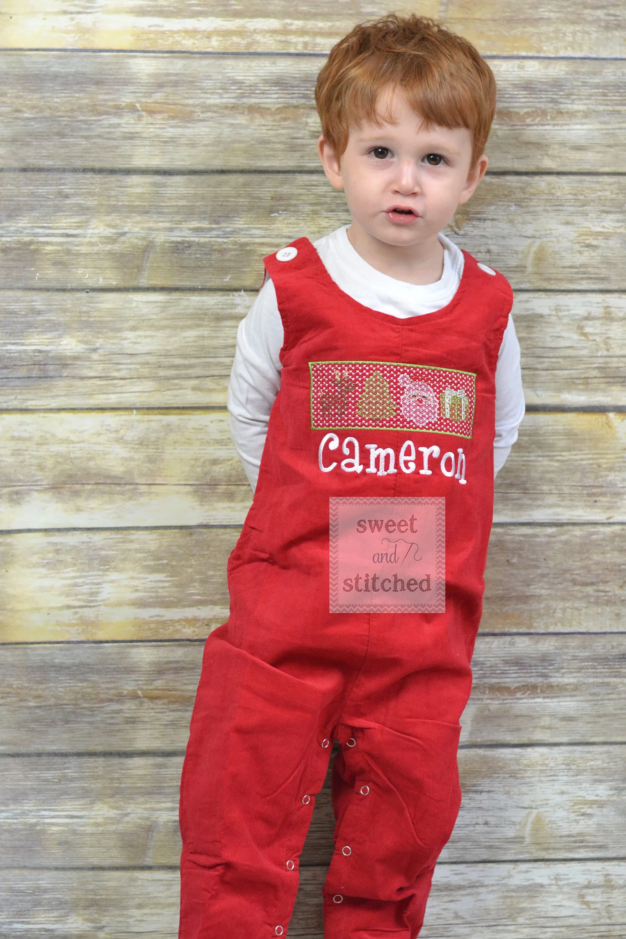 Personalized Baby Boy faux smocked Christmas outfit, red corduroy monogrammed Christmas overalls
