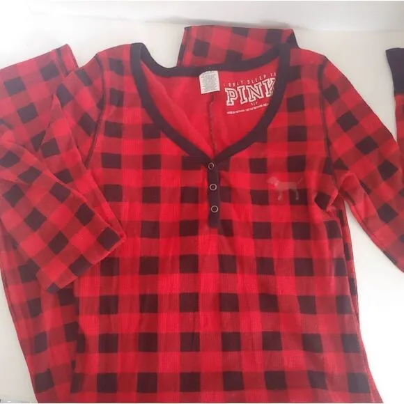 PINK Victoria's Secret Long Sleeve Thermal Buffalo Plaid Trap Door Pajamas Small
