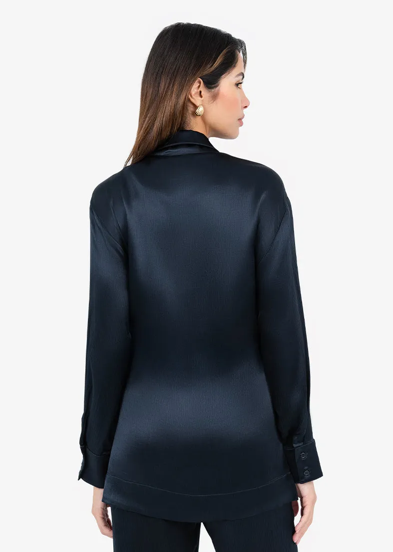 Plisse Side Tie Jacket Midnight Navy Shiny