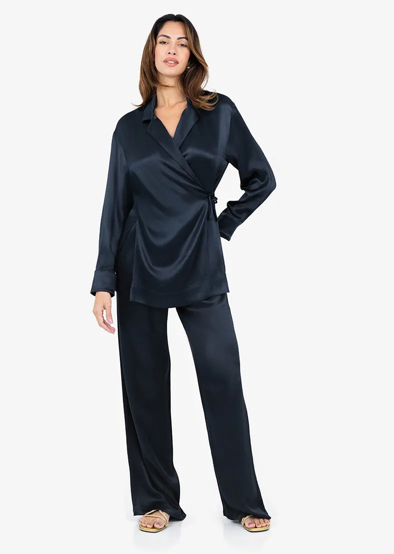 Plisse Side Tie Jacket Midnight Navy Shiny