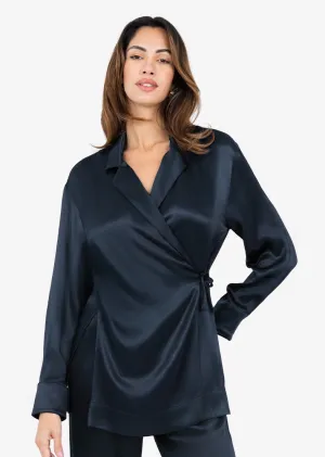 Plisse Side Tie Jacket Midnight Navy Shiny