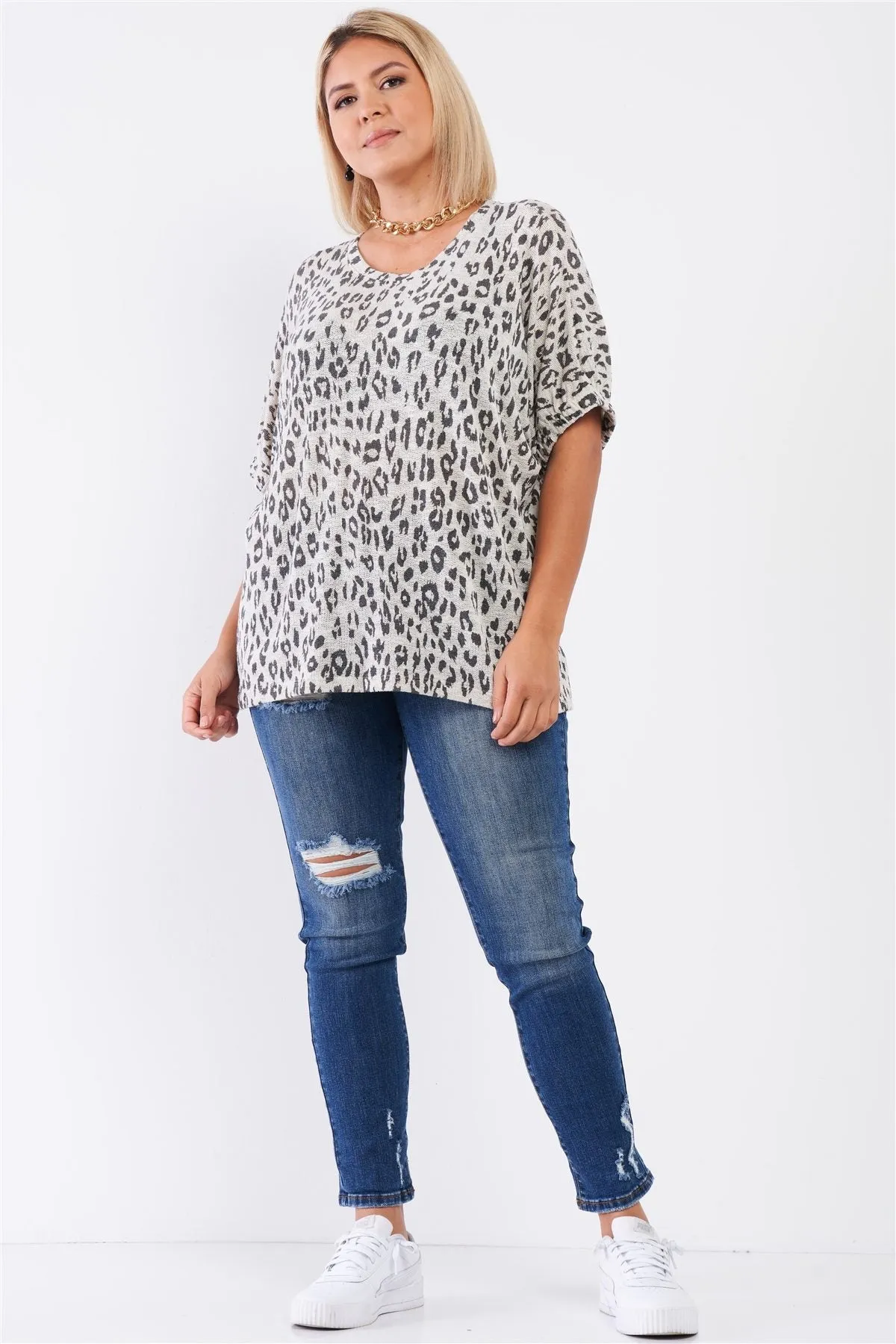 Plus Light Grey Leopard Print Relaxed Round Neck Top