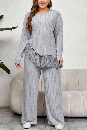 Plus Size Tassel Hem Top and Pants Lounge Set