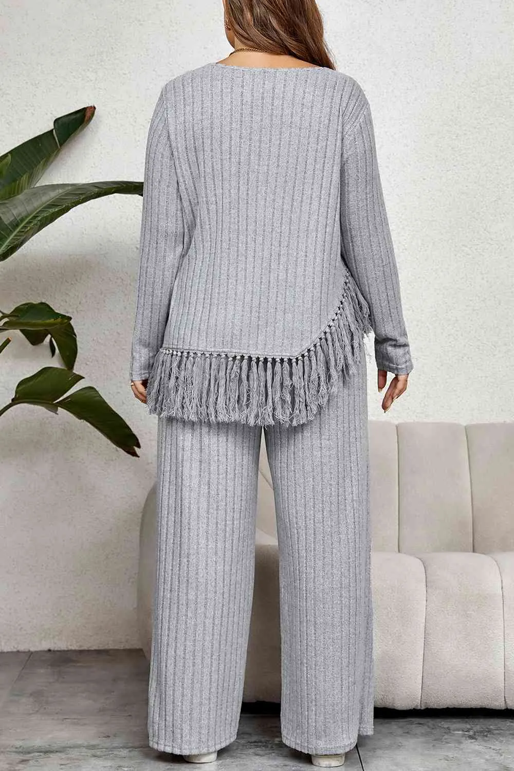 Plus Size Tassel Hem Top and Pants Lounge Set