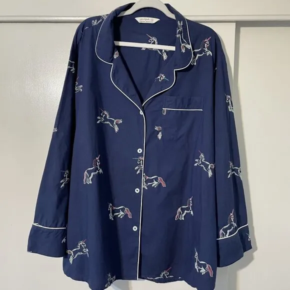 Printfresh Embroidered Unicorn Long Sleeve Pajama Sleep Top Plus Size 4X Blue