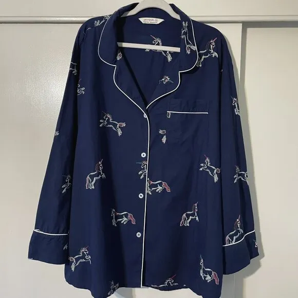 Printfresh Embroidered Unicorn Long Sleeve Pajama Sleep Top Plus Size 4X Blue