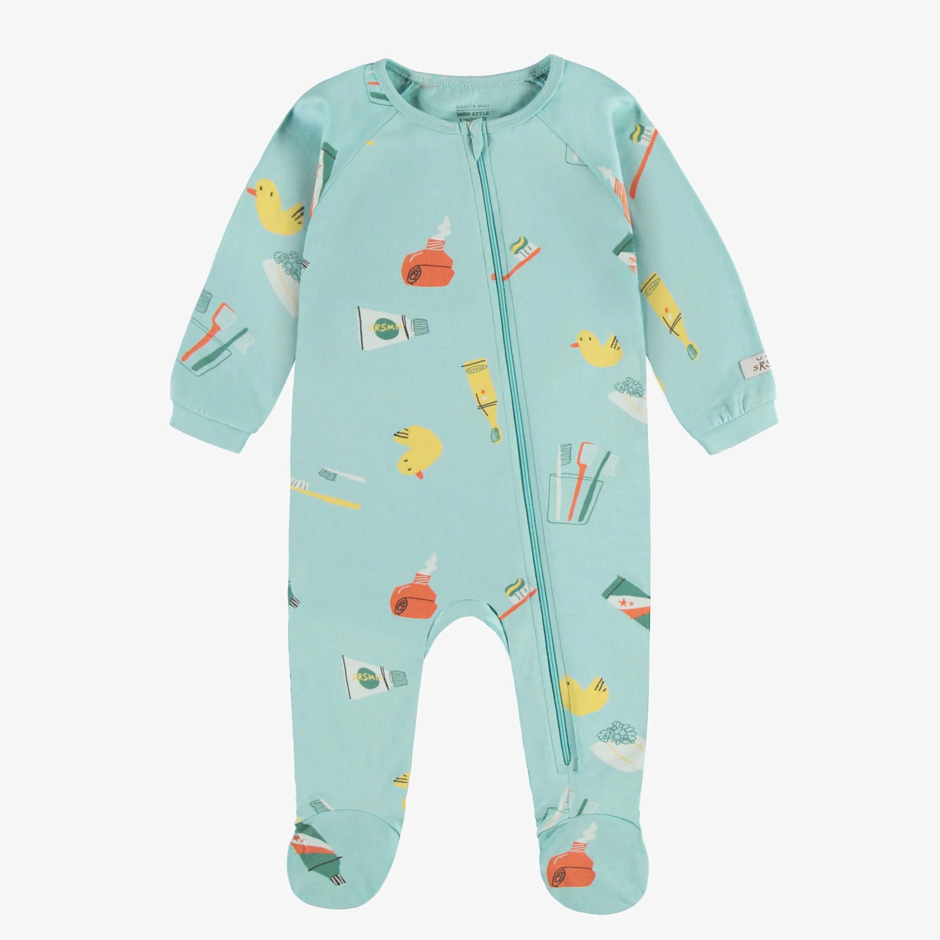 Pyjama bleu une-pièce à motif en jersey, bébé || Blue one-piece pajama with print in jersey, baby