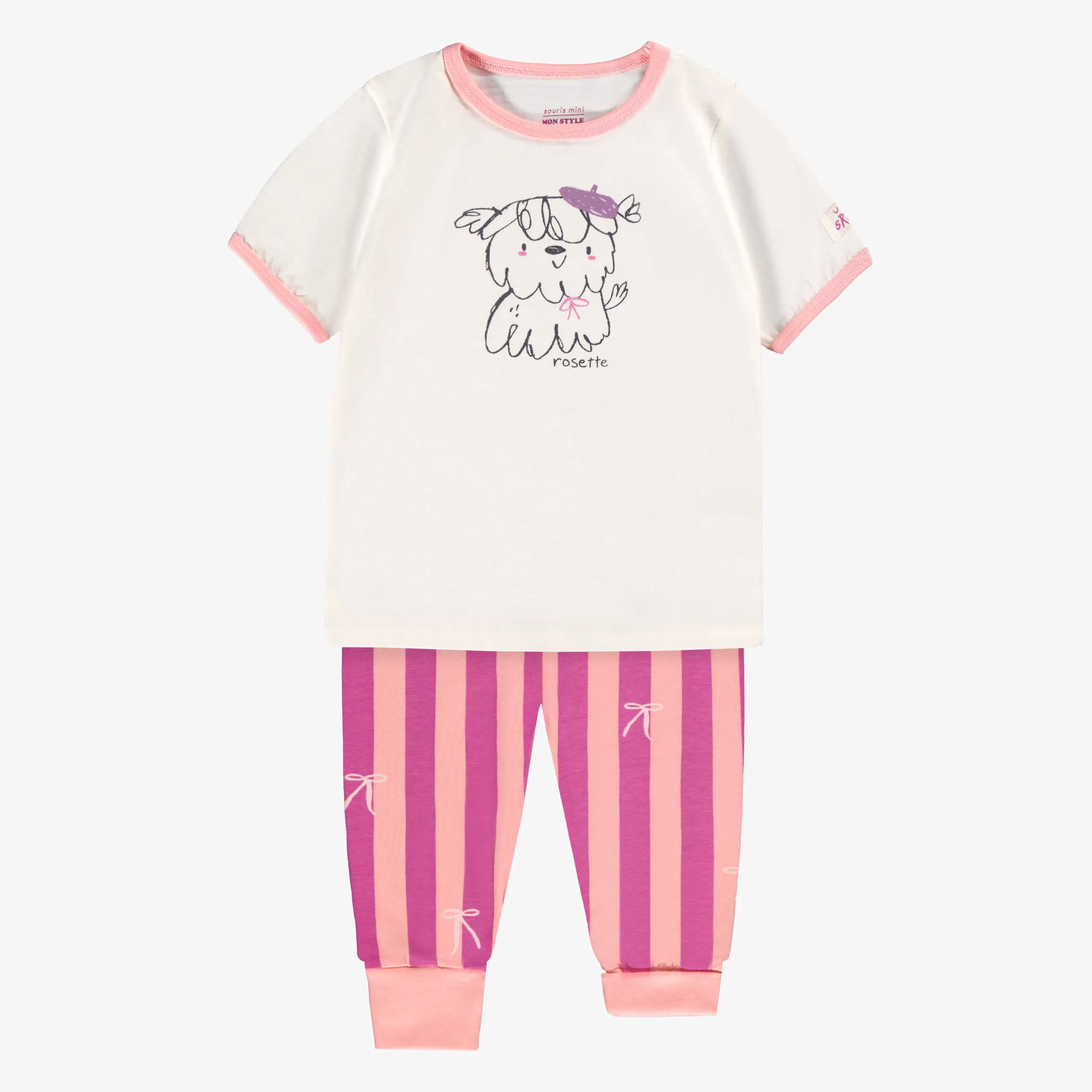 Pyjama deux pièces crème et mauve avec illustration, bébé  || Cream and purple two-piece pajamas, baby