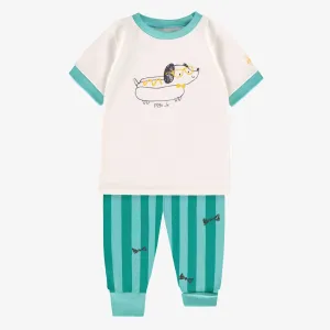 Pyjama deux pièces crème et turquoise avec illustration, bébé  || Cream and turquoise two-piece pajamas, baby