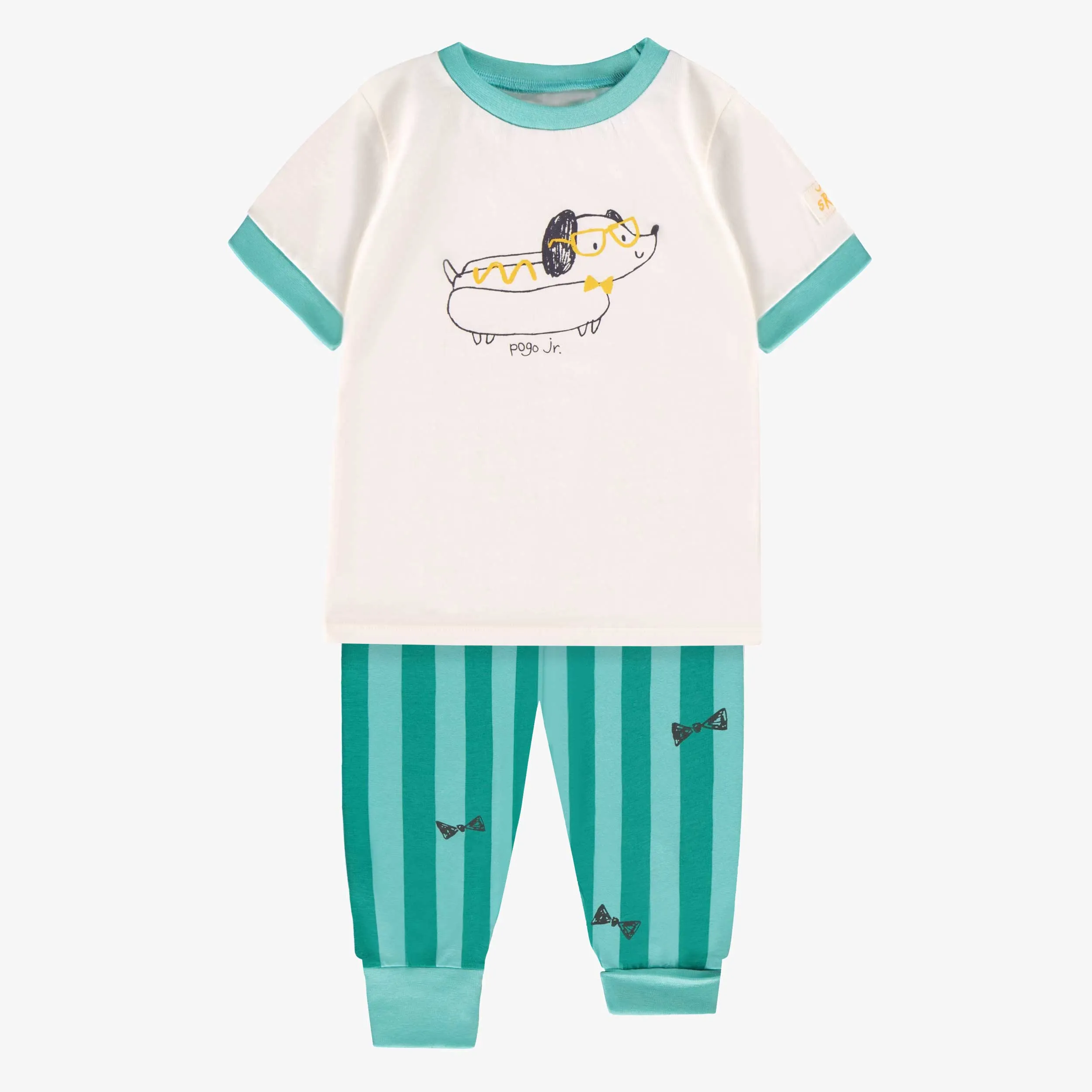 Pyjama deux pièces crème et turquoise avec illustration, bébé  || Cream and turquoise two-piece pajamas, baby