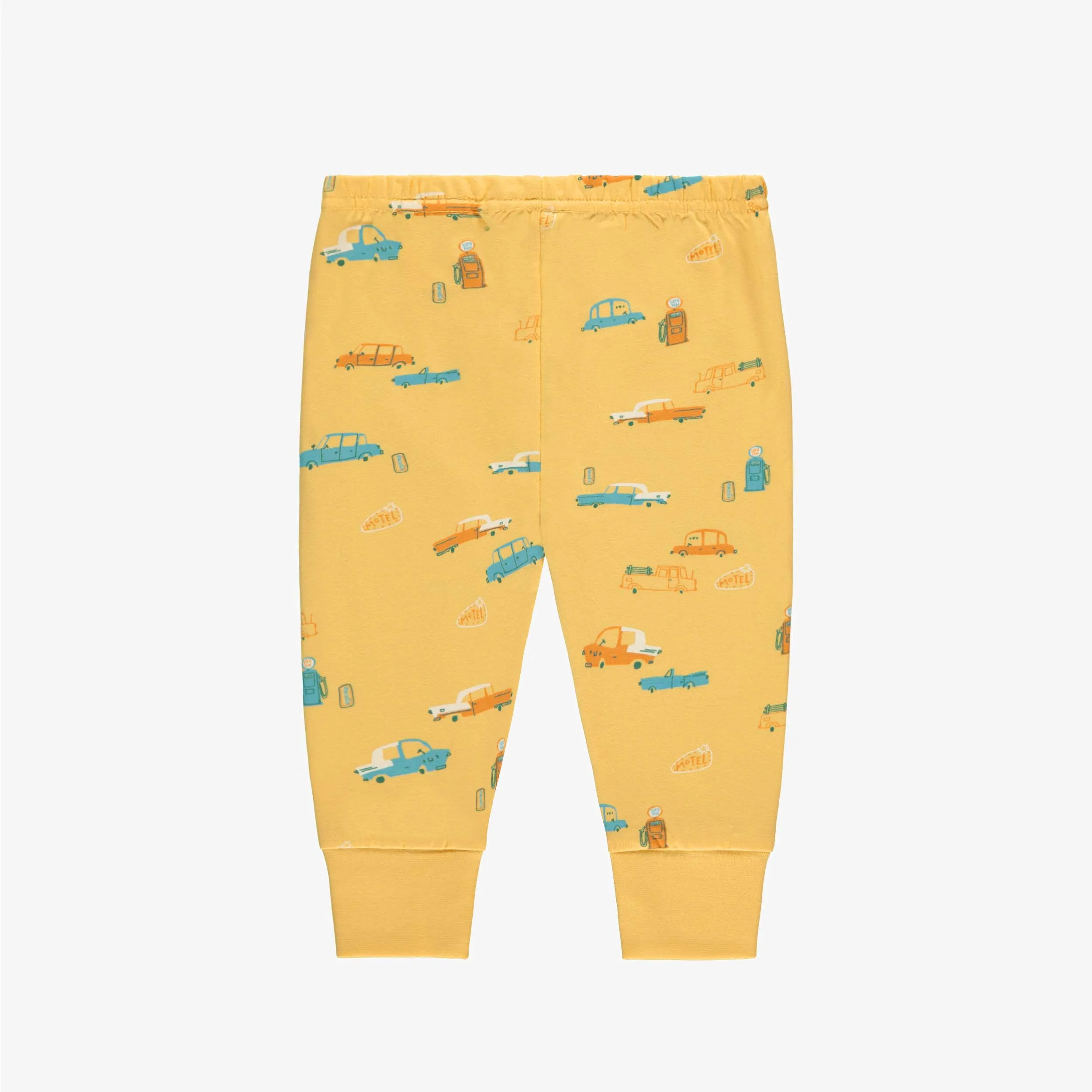 Pyjama deux pièces jaune et crème à motifs et illustration, bébé || Two piece yellow and cream pajamas with all over print and illustration, baby