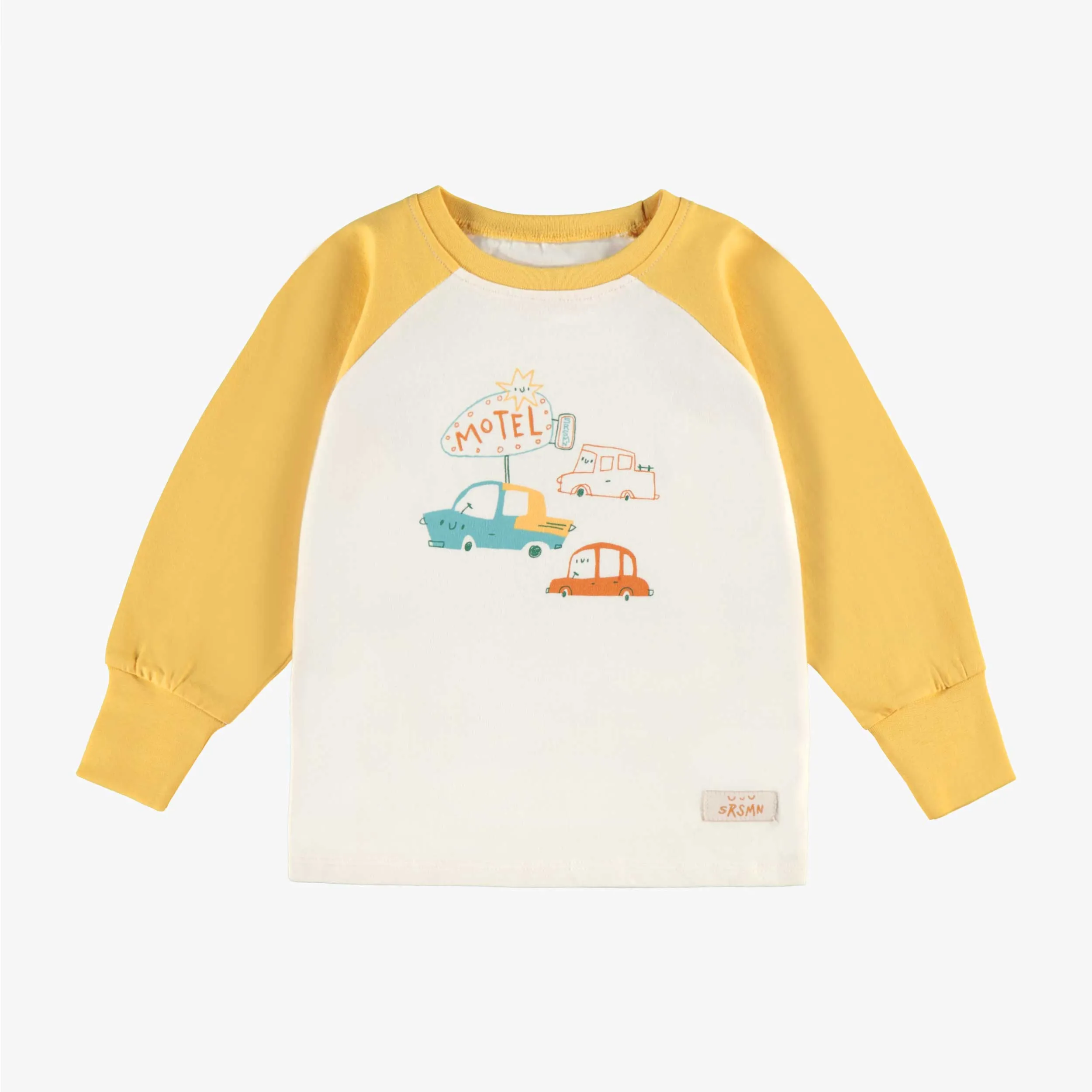 Pyjama deux pièces jaune et crème à motifs et illustration, bébé || Two piece yellow and cream pajamas with all over print and illustration, baby