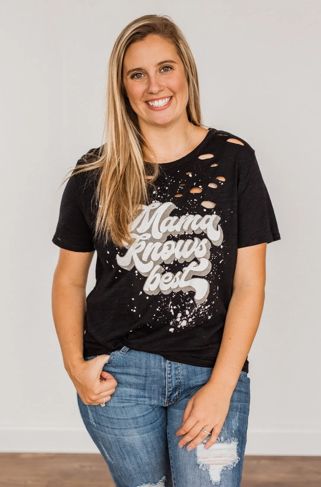 "Mama Knows Best" Distressed Graphic Tee- Black