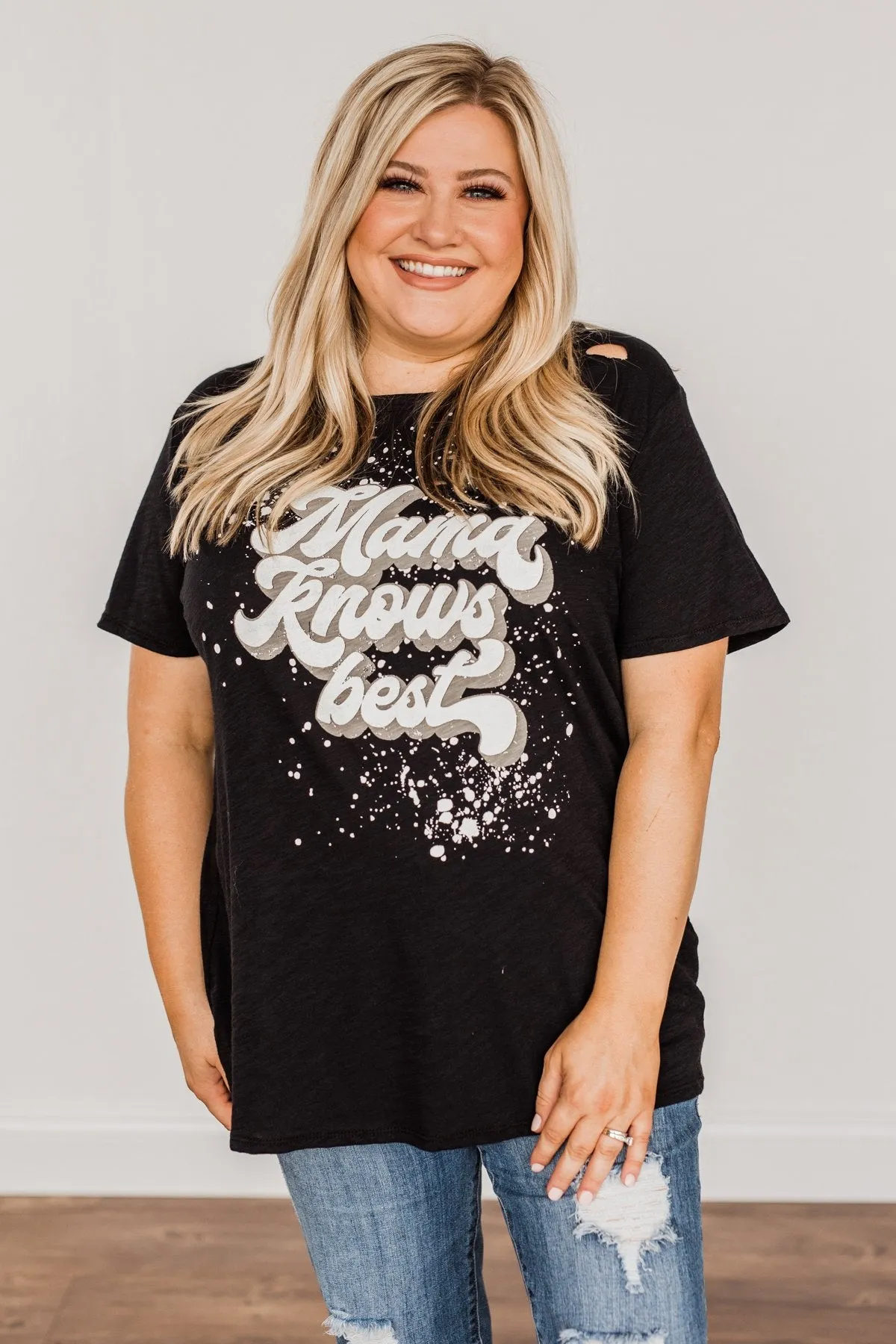 "Mama Knows Best" Distressed Graphic Tee- Black