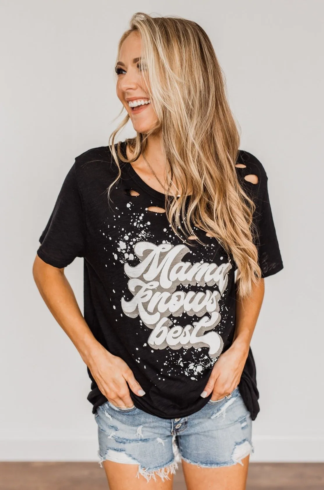 "Mama Knows Best" Distressed Graphic Tee- Black